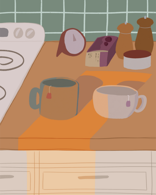 Illustration of a kitchen counter with two mugs holding tea bags in warm afternoon lighting. In the background are two pepper grinders, a tea box, a salt dish, and a timer. On the left is a white stovetop, white cabinet drawers at the bottom, and green tiles for the backsplash.