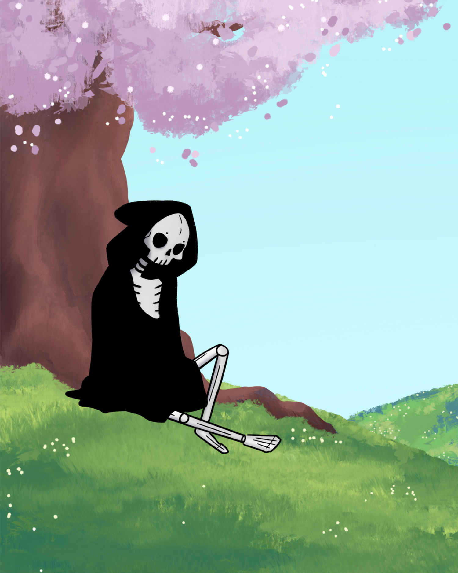 Skeleton under a cherry blossom tree with a light blue sky in a hilly field.