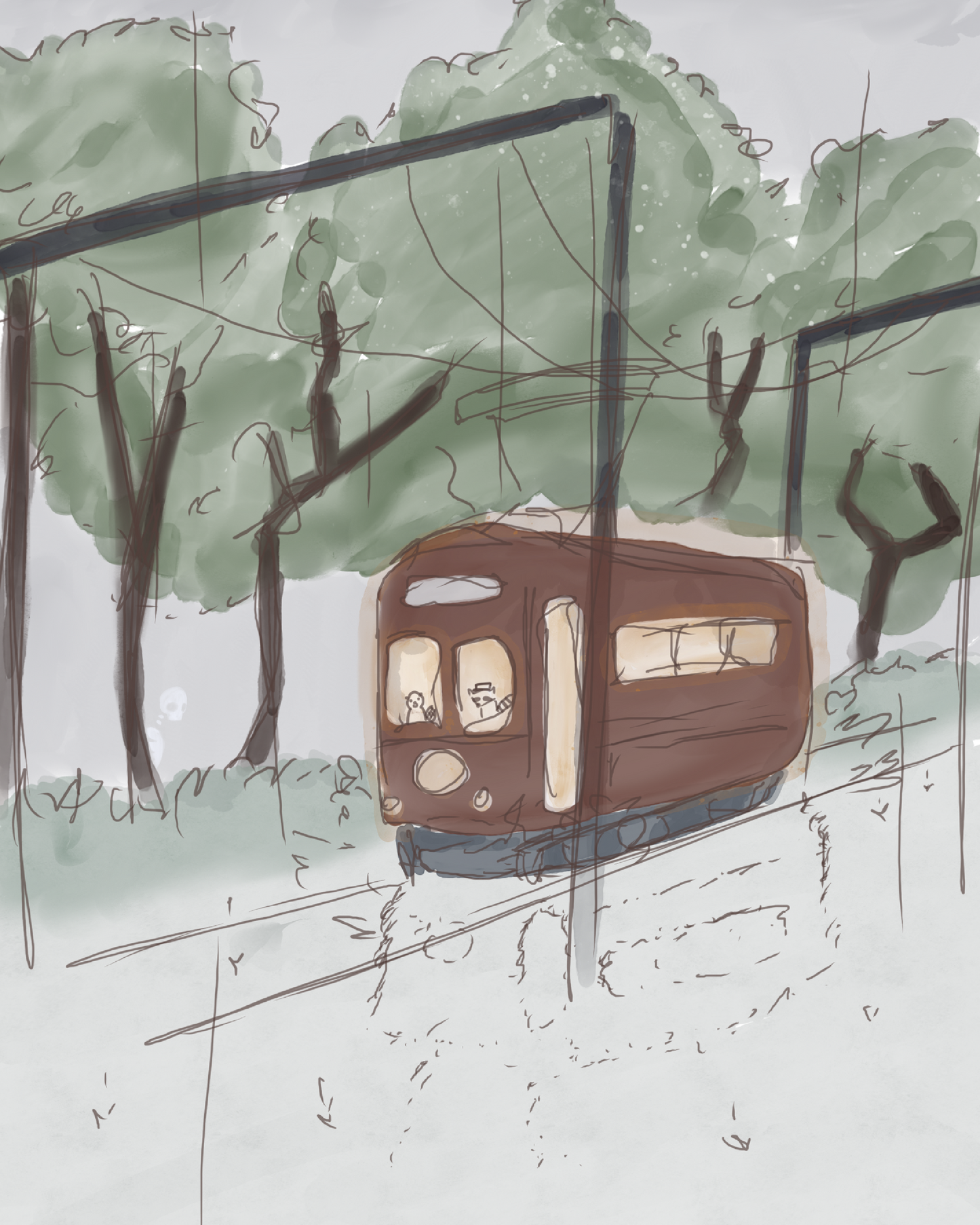 Illustration of a watercolor-style tram in a forest with trees, a cloudy sky, and light rain. A beaver and raccoon drive the tram, while a skeleton hidden in the trees watches as it passes by.