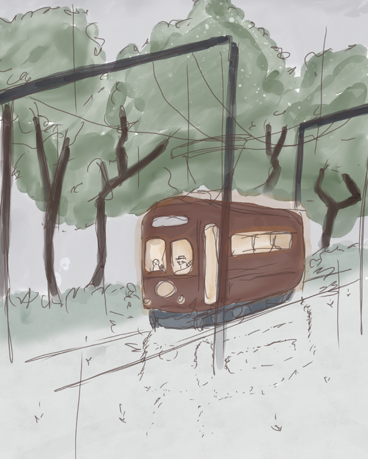 Illustration of a watercolor-style tram in a forest with trees, a cloudy sky, and light rain. A beaver and raccoon drive the tram, while a skeleton hidden in the trees watches as it passes by.