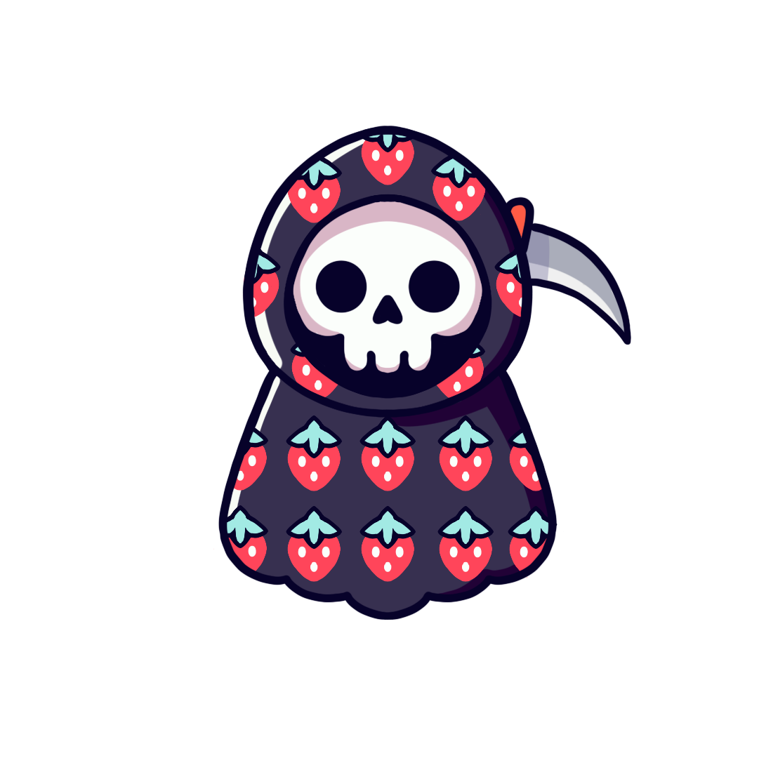 Cartoon grim reaper character with a pink and green strawberry pattern on its dark cloak. The character sits on a white background.
