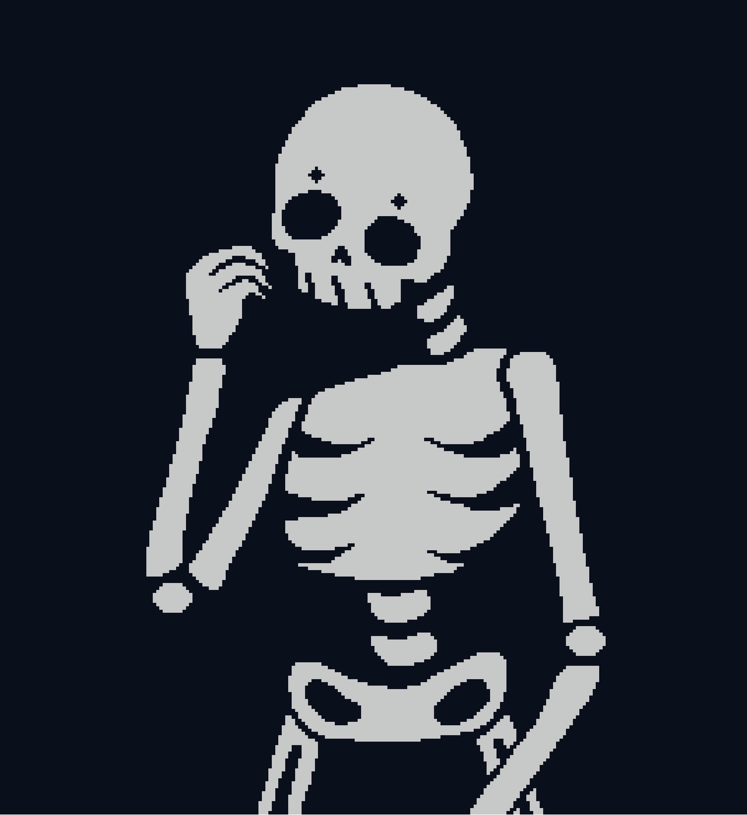 White pixelated skeletal figure with a dark navy blue background