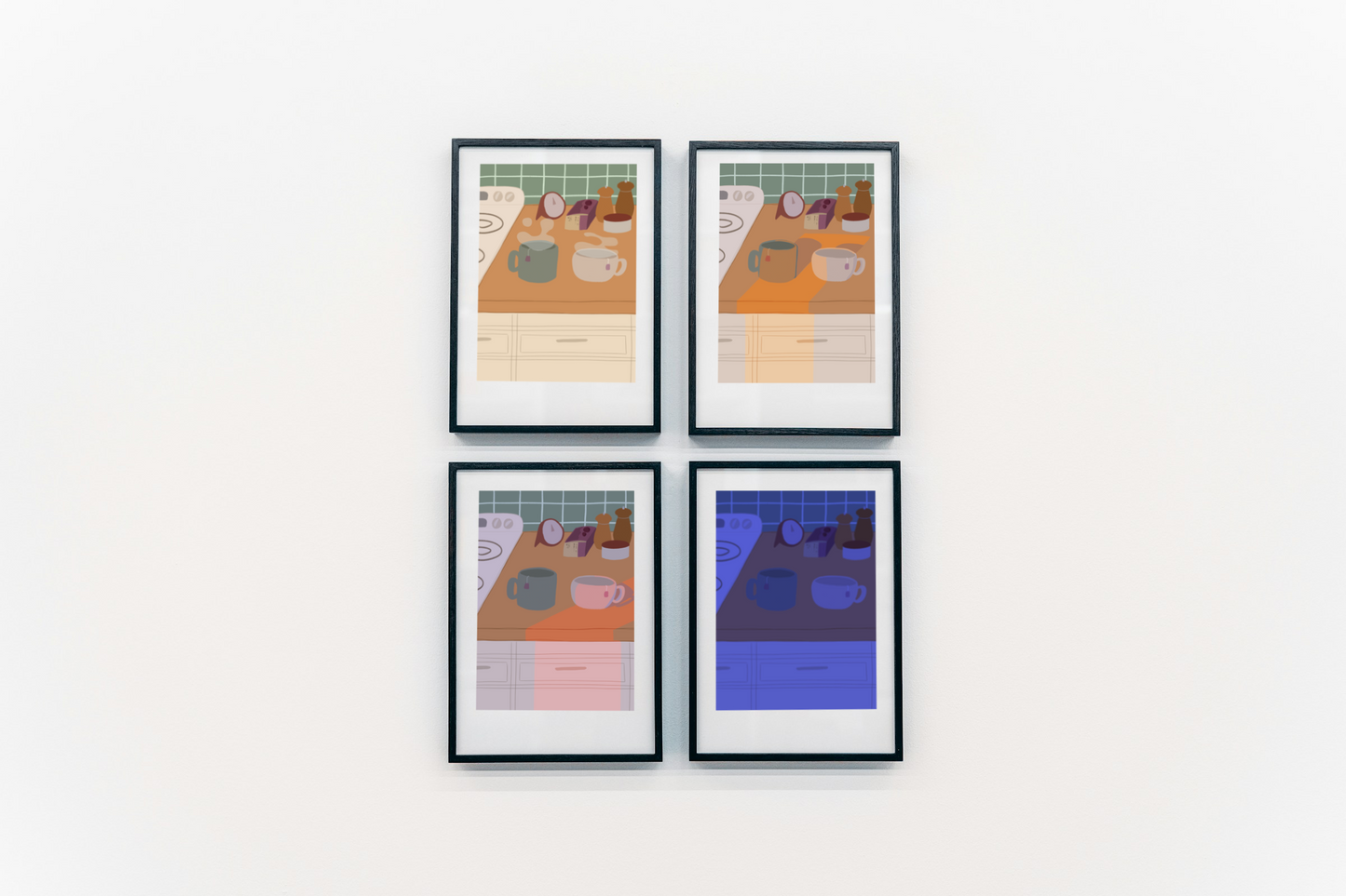 Four framed artworks on a white wall of four illustrations of a kitchen counter with two mugs holding tea bags in various lighting (morning, noon, evening and night). In the background are two pepper grinders, a tea box, a salt dish, and a timer. On the left is a white stovetop, white cabinet drawers at the bottom, and green tiles for the backsplash.