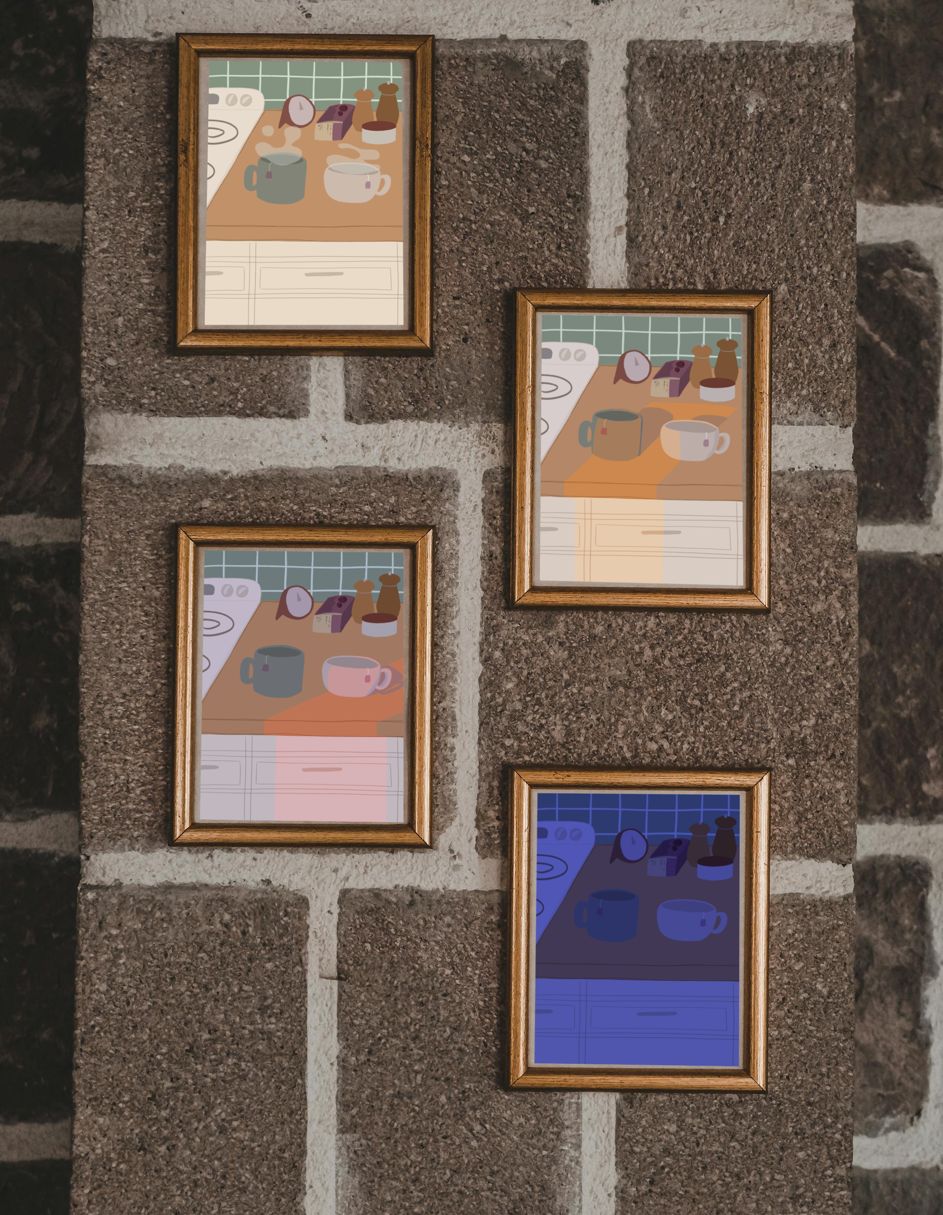 Four framed illustrations on a brick wall. The framed images show four illustrations of a kitchen counter with two mugs holding tea bags in various lighting (morning, noon, evening and night). In the background are two pepper grinders, a tea box, a salt dish, and a timer. On the left is a white stovetop, white cabinet drawers at the bottom, and green tiles for the backsplash.