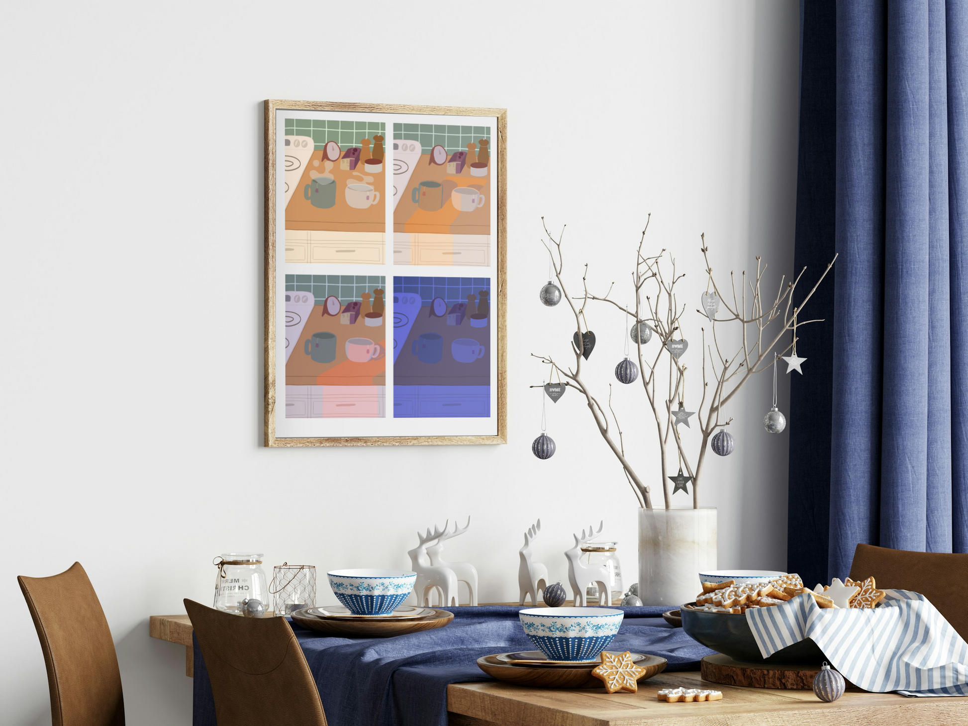 Dining room with a table set for a meal, decorative elements, and a framed artwork on the wall of four illustrations of a kitchen counter with two mugs holding tea bags in various lighting (morning, noon, evening and night). In the background are two pepper grinders, a tea box, a salt dish, and a timer. On the left is a white stovetop, white cabinet drawers at the bottom, and green tiles for the backsplash.